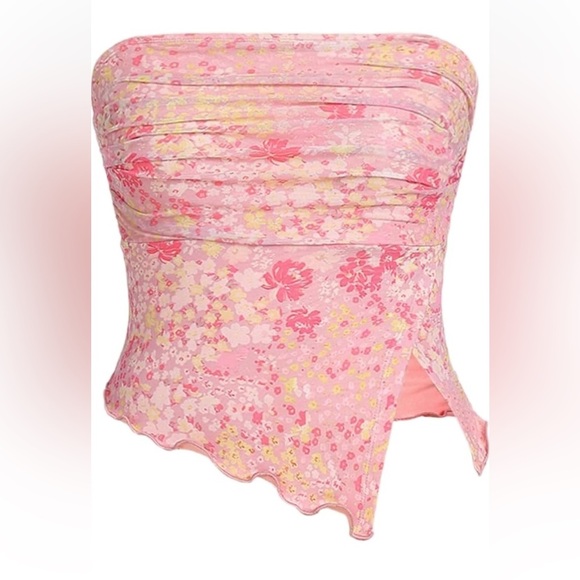 SHEIN Tops - Y2K Tube Top SHEIN Pink Floral Strapless Tube Top Frills Slit Size L